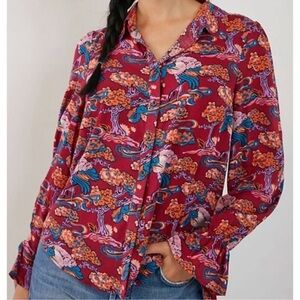 NWT Anthropologie Maeve Darla Crane Bird Print Long Sleeve Button Front Blouse